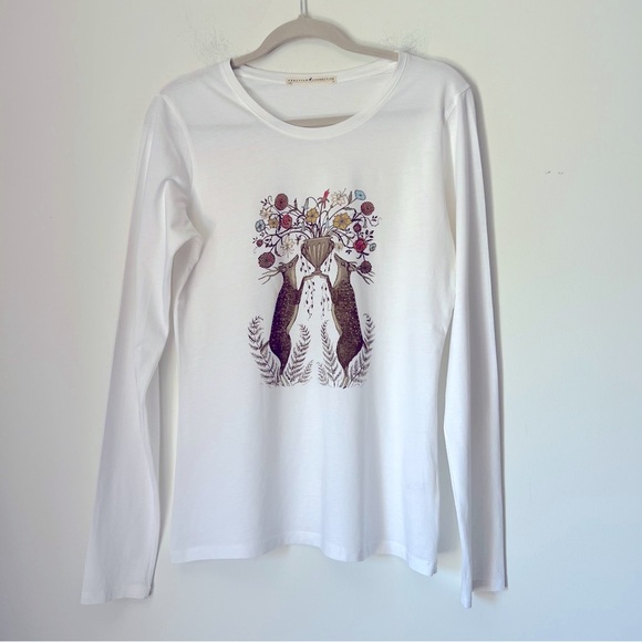 Peruvian Connection Pure White Stag Folklore Long Sleeve Cotton Tee Transitional - Picture 1 of 8